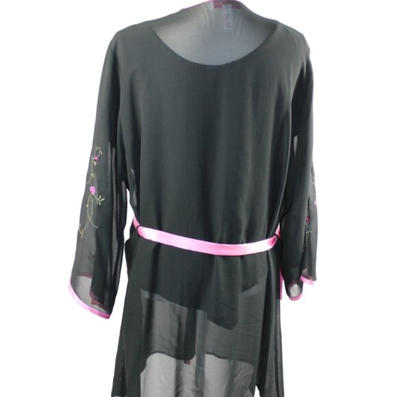 Oscar de la Renta Pink Label Black Sheer Pink Floral Accent Kimono Robe,… - Picture 8 of 9